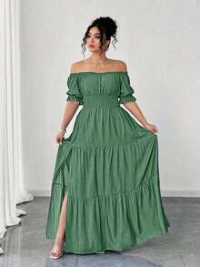 Vestido casual elegante de talla grande para mujer de primavera/verano, en azul sólido de aspecto de mezclilla con cintura fruncida y con abertura lateral - Verde - Ver 7