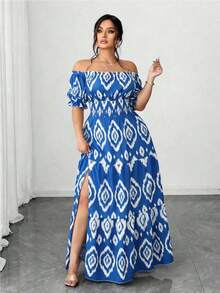 Vestido casual elegante de talla grande para mujer de primavera/verano, en azul sólido de aspecto de mezclilla con cintura fruncida y con abertura lateral - Azul y blanco - Ver 3