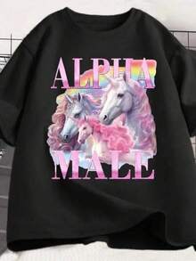 Alpha Unicorn Funny Tshirt Ironic Vintage Weird Meme T Shirt Woman Short Sleeve Graphic T Shirts Casual Summer Clothes - Negro - Ver 2
