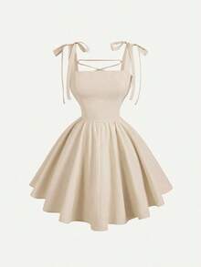 Vestido rosa romántico con espalda descubierta y lazo, adecuado para citas, fiestas, vacaciones, meriendas de té y ocasiones de cumpleaños - Beis - Ver 5