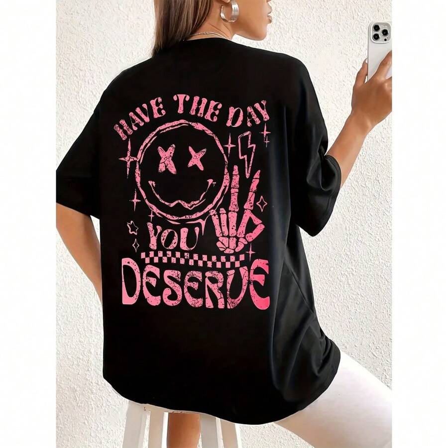 Camiseta unisex con estampado - Lema "Have The Day You Deserve", patrón de estrella y relámpago, top casual negro y rosa de manga corta con cuello redondo, camiseta lavable a máquina para primavera/verano, estilo urbano unisex cómodo para el día a día, corte holgado - Negro - Ver 1