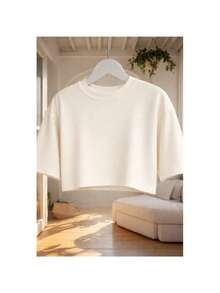 Women's Oversized Cropped Top, Plain, Basic, Stylish, Versatile, Various Colors, 100% Cotton - 米白色 - 查看 2