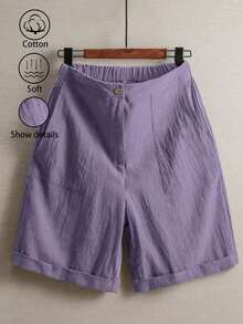 Pantalones de lino minimalistas casuales de unicolor para mujer, talla pequeña - Morado - Ver 1