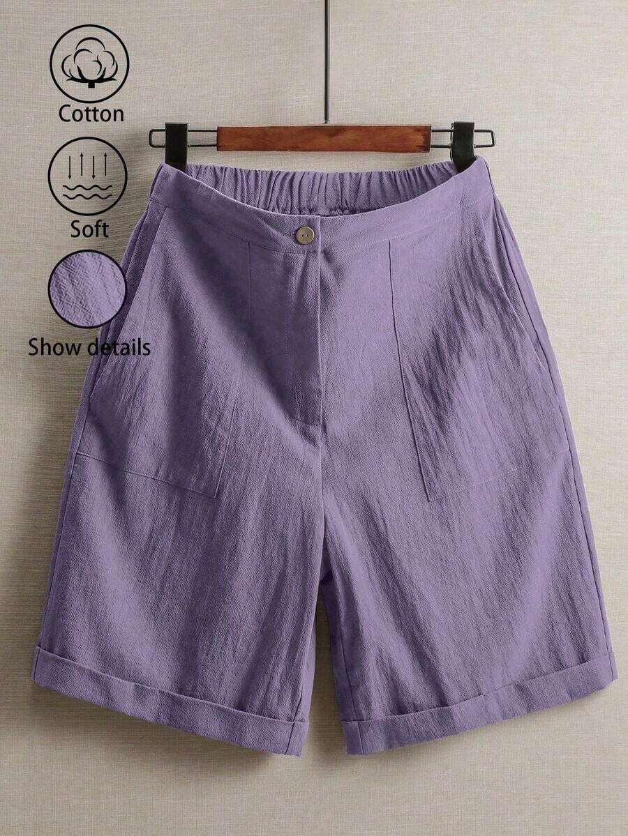 Pantalones de lino minimalistas casuales de unicolor para mujer, talla pequeña - Morado - Ver 1