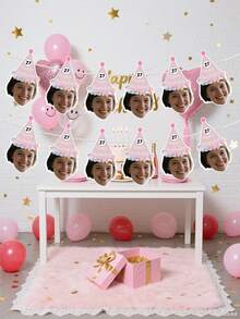 7/14/21件套定制照片文字生日帽横幅，个性化人脸派对彩旗，定制年龄生日花环装饰，个性化人脸生日横幅，定制派对帽照片横幅，独特的生日装饰（男女皆宜） - 彩色 - 查看 3