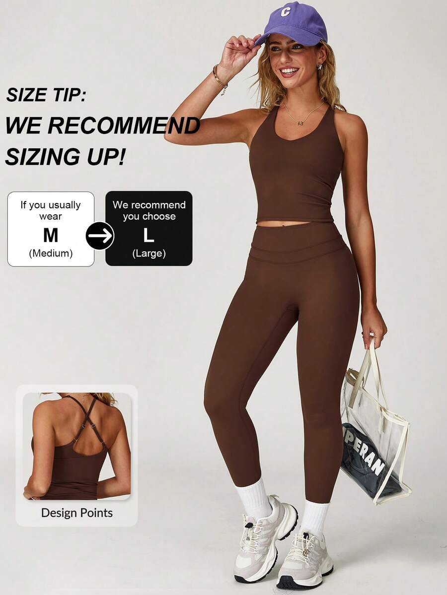 MASKERT "2-Piece Set"Women's Vest Yoga Tight Pants Set, High Stretch Running Sports Set, Comfortable And Skin Friendly - 巧克力棕 - 查看 1