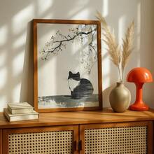 1幅无框日式樱花猫壁画，中性米色和黑色帆布印刷，侘寂美学家居装饰，适用于客厅和卧室 - A - 查看 4