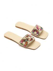 Trivaya Minimalist Fashion Comfortable Beaded Slippers For Women, Versatile Outdoor Wear, Summer New Rhinestone Flat Sandals,Beach Outfits - Beige - View 2