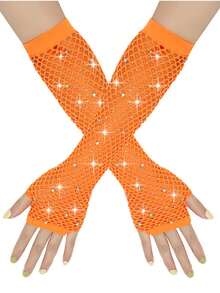 1 Pair 80s Y2K Style Rhinestone Fishnet Fingerless Gloves, Women Mesh Sleeve Decor Accessory For Wedding, Tea Party - Fishing Net Gloves - View 27