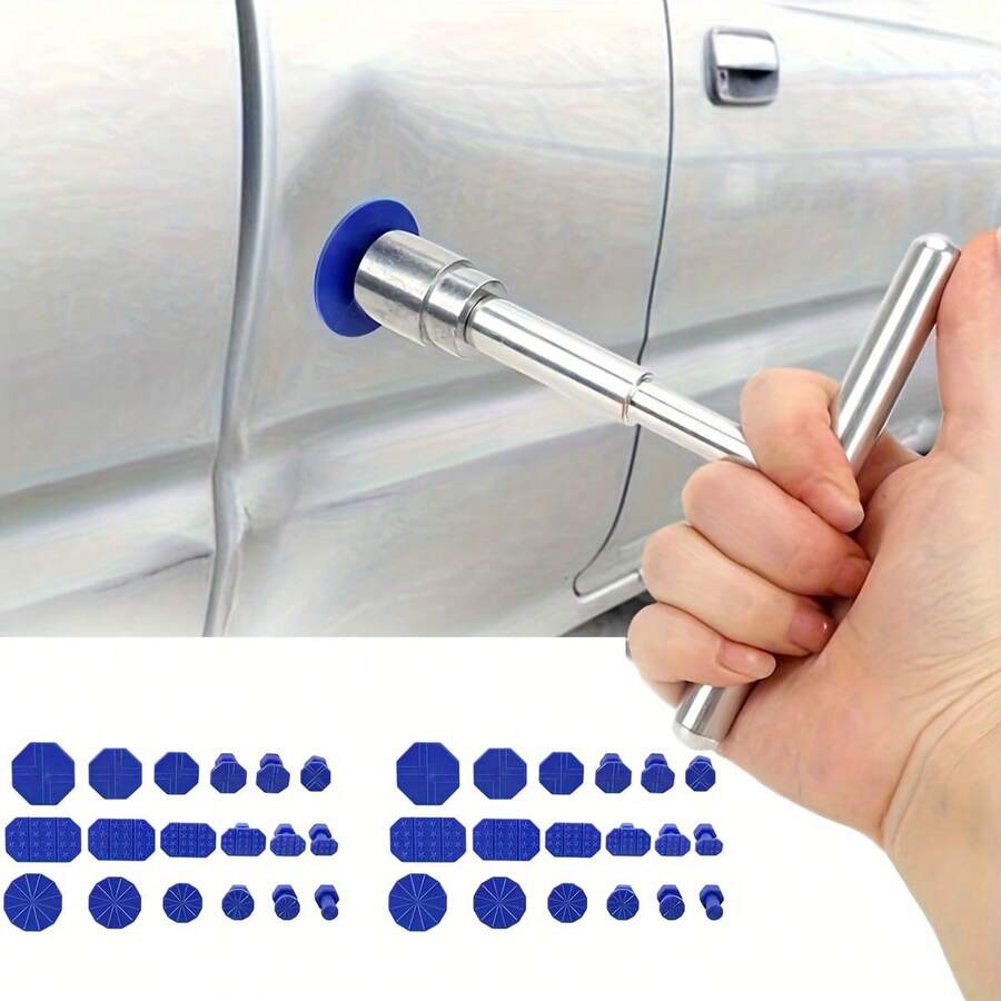 1 Set Of Car Dent Repair Tools • Silvery T-Shaped Handle With 36 Blue Car Dent Pull Tabs • Affordable Price • Sturdy And Durable • Industrial Grade Quality • Dent Repair Pull Tool • Car Dent Collision Repair Tool • Repairing Perfect Car Body - 1 - View 1
