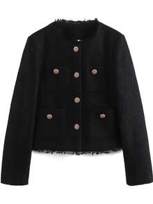 Chaqueta corta de tela gruesa con botones metálicos y bolsillos para primavera y otoño - Negro - Ver 7