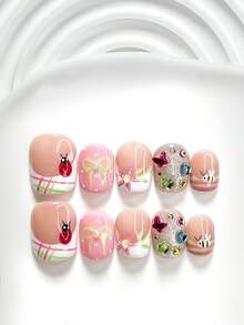 10pcs Handmade Fairy Tale Style Nail Art Stickers, Gel Nail Kit, Heart, Butterfly & Star Colorful Rhinestone Nail Decorations, Flower, Insect, Bow Nail Art Decals, Pink, Green & White Nail Polish, Fresh Style, Includes Nail Tools (1 Jelly Sticker + 1 Nail File), 3 Sizes Available: Square, Short Square, Almond, Suitable For Parties, Daily Wear, Photoshoot, Spring/Summer Commute - Multicolor - View 14