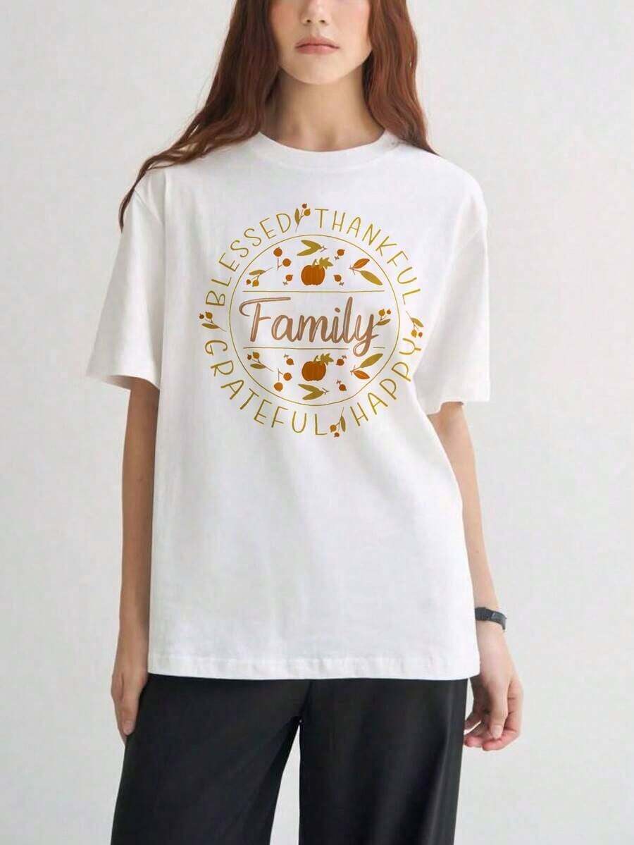Women's Short-Sleeved T-Shirts With Interesting Prints, Beautiful Clothing. White T-Shirt With An Autumn Pumpkin Leaf Print And The Phrase "Grateful Happy Autumn Pumpkin Leaves," Perfect For Casual Wear During Thanksgiving Celebrations. - 白色 - 查看 1