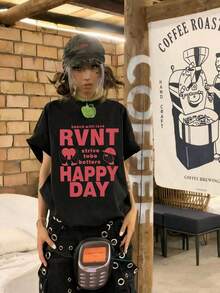 Camiseta de manga corta con cuello redondo y estampado en inglés rojo, estilo vintage de verano para mujer, estilo Y2K, informal, color negro. - Negro - Ver 5