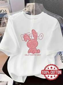 Camiseta Vintage TH501 Nueva para Mujer, Diseño con Estampado de Conejo de Dibujos Animados en Rosa, Camiseta Casual a la Moda, 100% Cuello Redondo y Manga Corta, Absorbente de Sudor y Transpirable, Ropa de Estar en Casa Casual, Cómoda, Elegante y Chic, Camiseta de Moda para Primavera, Verano y Otoño. - Blanco - Ver 7