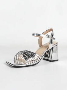 New Design French Style Silver Square Toe Woven Thick Heel Sandals For Women - Silver - View 5
