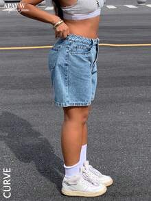 Quần short denim Bermuda màu trơn size lớn cho nữ, phong cách thường ngày mùa hè - Rửa nhẹ - Xem 4