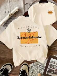 Women's Vintage T-Shirt [Double-Sided Print], Short-Sleeved, Round Neck, Casual Style, With The Brand "Champagne" And The Phrase "Champagne For Breakfast" Printed In A Yellow Rectangle On The Back, Machine Washable, Suitable For Casual Wear, Multi-Purpose Clothing, Fashionable T-Shirt, Comfortable Material, For Fashion Enthusiasts. - 杏色 - 查看 12