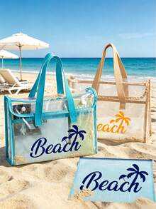 PVC防水海灘包，彩色「Beach」圖案，搭配同款化妝包、盥洗包，女款海灘包，透明托特包，果凍托特包，大容量泳池手提包，郵輪度假必備，海灘包配件，旅行必備，適用於海灘、旅行、購物、戶外活動、工作、學校及日常使用，獨特生日禮物、節日禮物、派對禮物、母親節禮物、度假禮物、婚禮禮物、開學禮物 - 彩色 - 查看 2
