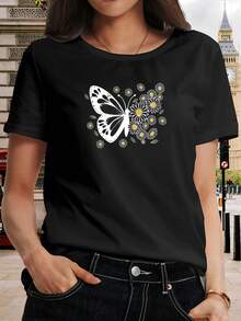 Camiseta de algodón puro para mujer con estampado de mariposas - manga corta con diseño de margaritas, top transpirable con cuello redondo estampado, camiseta deportiva casual, corte holgado y versátil, adecuada para uso diario, lavable a máquina, suave y transpirable, ideal para ir al trabajo, ir de vacaciones y viajar. - Negro - Ver 5