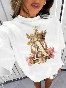 Graphic T-Shirt With Royal Initial A, Elegant Women's T-Shirt With Floral Design And Ornate Crown, Artistic Print, Unique Style, Soft And Comfortable Fabric, Perfect Gift For Her - 白色 - 查看 5