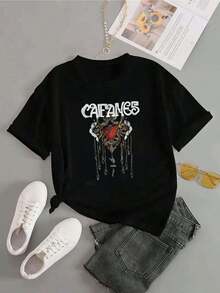 1pieza Blusas de mujer hermosas Blusas para mujeres Conjuntos de ropa para mujeres Caifanes 180G Camiseta negra y blanca con impresión de corazón y calavera de alta calidad Cuello redondo básico holgado transpirable versátil lavable en máquina cómodo Talla S ~ 3XL Esencial diaria casual deportiva para verano. - Negro - Ver 4