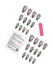 24Pcs Pink & Green Glitter Swirl Almond Press-On Nails With Gradient Color Block & Sparkle Finish - Multicolor - View 5