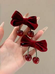 2pcs/Set Women's Red Cherry Bow Hair Clips, Cute Sweet Elegant Alligator Clips For Daily Wear And Party,Hair Barrettes - Multicolor - View 6
