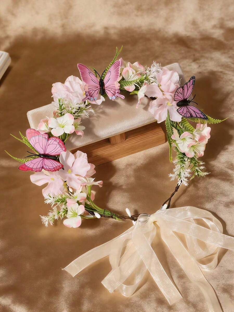 1件新娘花冠,手工花卉髮飾,婚紗裝飾,蜜月配件,時尚浪漫花冠(蝴蝶顏色,款式隨機),髮環,頭飾花環 - 58933粉色 - 查看 1