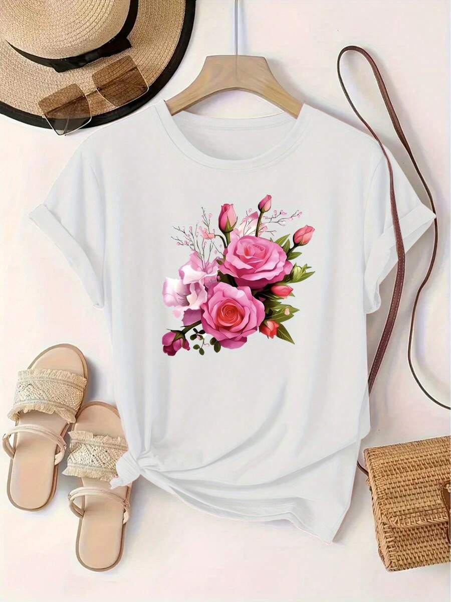 Women's Short-Sleeved T-Shirt With Round Neck And Floral Print, European And American Style, Sporty Style - Unisex Loose Cotton T-Shirt With Short Sleeves And Round Neck, Urban Vintage Style. - 白色 - 查看 1