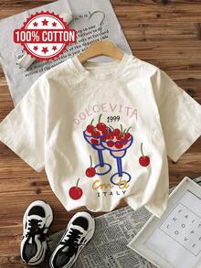 Women's Casual Spring And Summer T-Shirt With Vintage Style, Cherry And Wine Glass Print, Short Sleeves, Round Neck, DOLCEVITA 1999, Urban Vintage Style, Unisex, Loose Fit, Cotton, Short Sleeves, Round Neck, Blouses For Women. Blouses.Casual Blouses For Ladies. - 杏色 - 查看 6