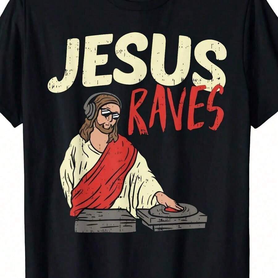 Jesus Raves Electronic Music EDM Festival DJ Gift T-Shirt Festival Clothing Men's T-Shirts (1)-Urban Vintage Style Unisex Cotton Short Sleeve Round Neck Loose Blouses For Women. Blouses. Casual Blouses For Ladies. - 黑色 8 - 查看 1