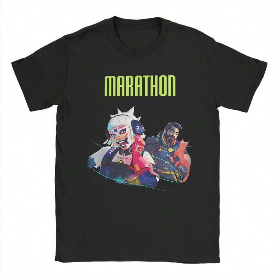 Camiseta Game Marathon T1EE para hombre y mujer. Nueva colección de camisetas de algodón de 220 g. Camiseta de manga corta de algodón puro para hombre y mujer, tejido grueso, resistente a las arrugas y que no se deforma fácilmente. Estilo sencillo y versátil, ligero y transpirable, perfecto para ir al trabajo, viajar, acampar, ir de compras y para el tiempo libre diario. - Negro - Ver 1