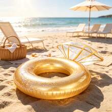 1 pieza Flotador inflable con forma de anillo de diamante plegable, con múltiples estilos disponibles, portátil con válvula de inflado rápido, hamaca de agua con brillo para piscina, playa, vacaciones, diseño ligero - Dorado - Ver 7