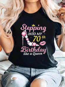Camiseta de manga corta con cuello redondo para mujer, estilo retro de vacaciones, nueva colección 2026, para compras informales, regalos de vacaciones, reuniones con amigos, fiestas deúsica y atuendos de vacaciones. - Negro - Ver 1