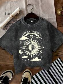 Washed Cotton - Vintage Wash Short Sleeve T-Shirt - Starry Sky And Sun-Moon Print Combined With The Slogan "Sun And Moon As Companions", Soft Round Neck, Summer Casual Wear, Machine Washable, Suitable For Daily And Outdoor Use. - 黑色 - 查看 7