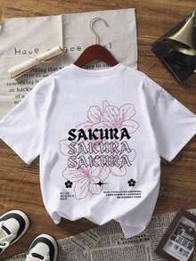 Respirable Women's Casual White Sakura Graphic Print T-Shirt, Short Drop Shoulder Sleeve Round Neck Top, Medium Stretch Knitted Fabric Tee for Spring Fashion, ropa de calor mujer - Blanco - Ver 5