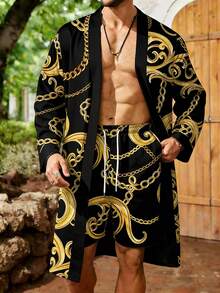Plus-Size Men's Baroque Chain Print Long Shawl Casual Suit, Made Of 100% Polyester, Featuring A Luxurious Golden Swirl Pattern Kimono-Style Cardigan - Mixed Colors - View 1