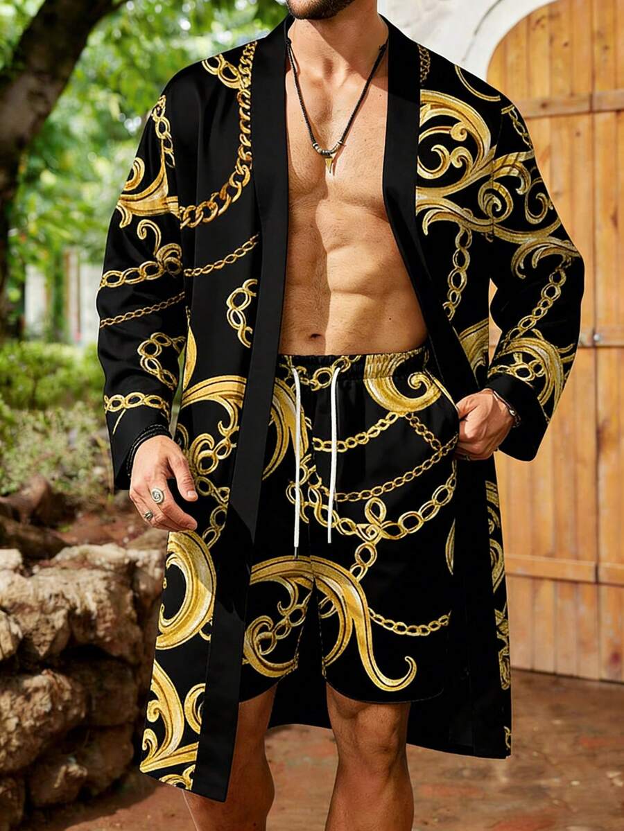 Plus-Size Men's Baroque Chain Print Long Shawl Casual Suit, Made Of 100% Polyester, Featuring A Luxurious Golden Swirl Pattern Kimono-Style Cardigan - Mixed Colors - View 1