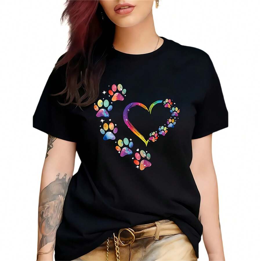 Camiseta de punto informal de manga corta para mujer con diseño de corazón y estampado de huellas de patas de colores, top sexy y bonito de corte regular para fiestas y uso diario. - Negro - Ver 1