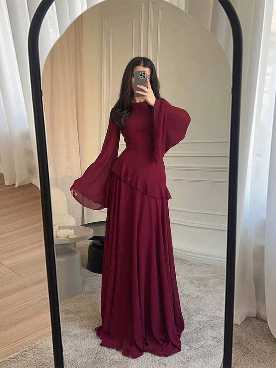 Women's Spring Summer Soft Girl Long Sleeve Bodycon Dress| Crew Neck Ribbed Knit Maxi| Ethereal Spring Summer Outfit| Romantic Party Dress UPF Sun Protection Long Sleeve Dress| Breathable Crew Neck Bodycon| Women's Spring Summer Casual Outfit| Comfortable Daily Wear - 酒紅色 - 查看 1