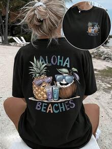 GiftCamiseta de manga corta con estampado de piña y coco estilo ALOHA BEACHES, diseño de doble cara, estilo casual de verano para mujer - Camiseta unisex de algodón holgada de manga corta y cuello redondo, estilo vintage urbano.Soft - Negro - Ver 7