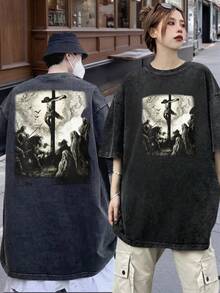 Vintage Distressed Black T-Shirt With Crucifixion Graphic, Unisex Religious-Themed Clothing - Vintage Street Style Unisex Loose Cotton Short Sleeve Crew Neck T-Shirt - 黑色 - 查看 4