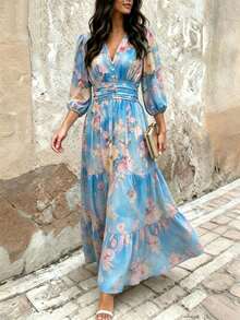 Boho Sommer elegantes lässiges blaues Blumen Maxikleid für Frauen, V-Ausschnitt, Laternärmel, Volant A-Linie Kleid für Urlaub, Feiertage, Ausgehen, Party Outfits - Blau - Übersicht 5