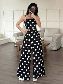 Mono informal de pierna ancha plisado de unicolor para mujer - Blanco y Negro - Ver 3