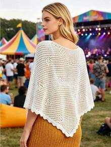 Poncho Tejido de Mujer Calado Unicolor, Cuello Redondo, Manga Murciélago, Asimétrico, Ligero para Playa y Vacaciones de Verano - Blanco - Ver 4