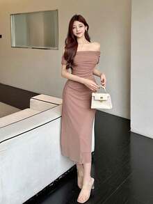 Vestido de hombros abiertos de unicolor, vestido de fiesta elegante para cumpleaños, Año Nuevo, baile de graduación, vestido de cóctel de hombros descubiertos de largo maxi - Rosa vieja - Ver 5