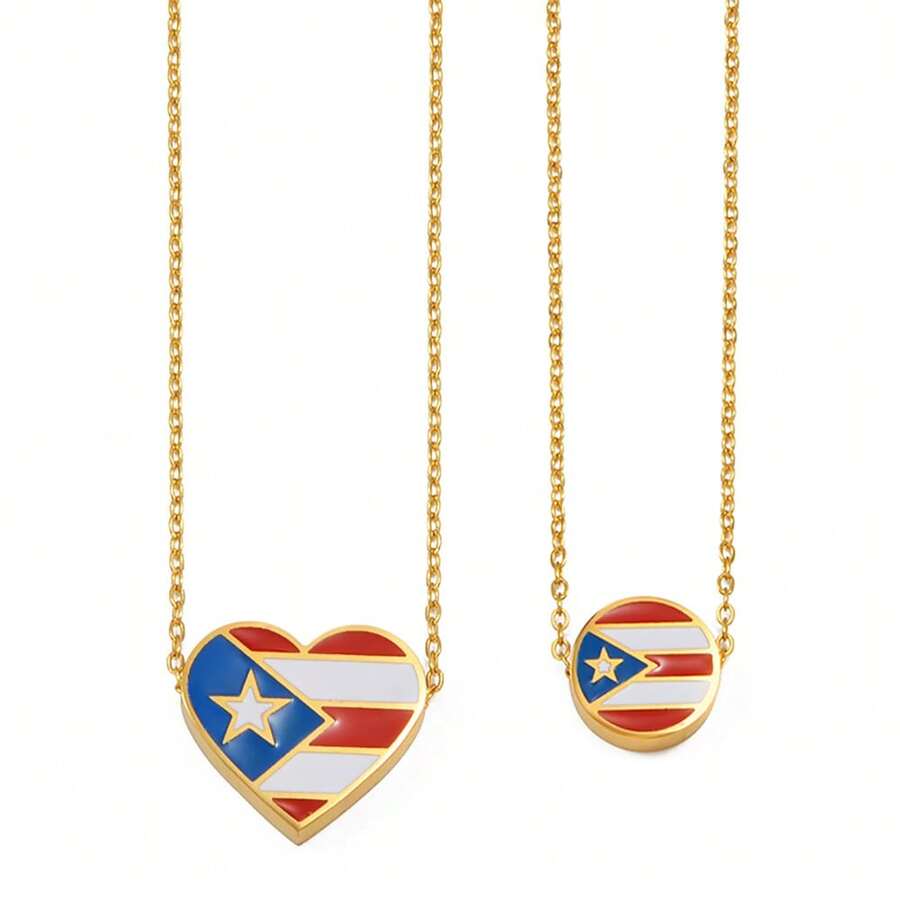 1Piece Heart Circular Puerto Rico Flag PR Pendant Necklaces Stainless Steel Jewelry - Multicolor - View 1