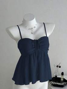 Camiseta de tirantes con volantes de unicolor lindo para damas, ropa de verano para la universidad - Azul marino - Ver 5
