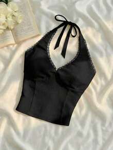 Blusa de cuello halter de unicolor con encaje de contraste para mujer - Negro - Ver 8